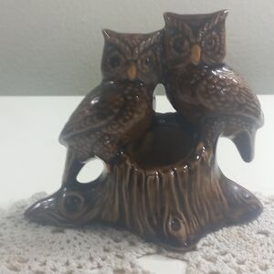 Vintage 1970s Ceramic Owl Pair Toothpick Holder  Bud Vase Figurine Autumn  Fall